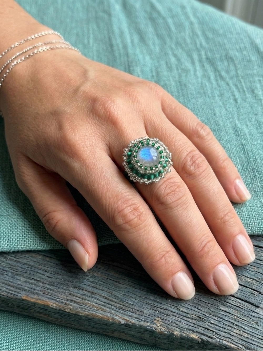 Handmade Blue Flash Labradorite Metallic Leather Ring Size 7.5